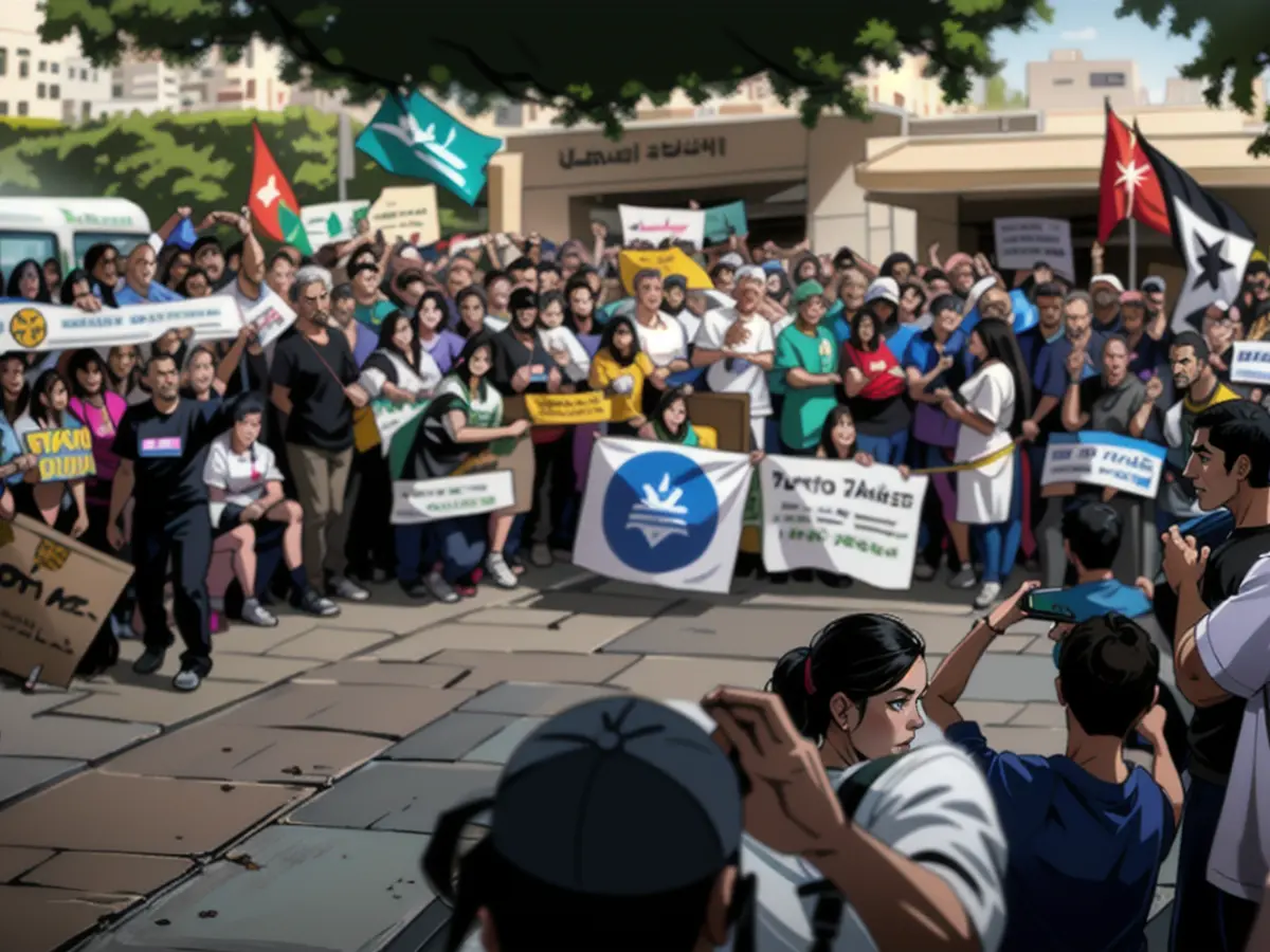 Mitglieder des medizinischen Personals eines Krankenhauses nehmen am 1. Mai 2024 in Deir el-Balah im zentralen Gazastreifen an einer Kundgebung teil, um pro-palästinensischen studentischen Solidaritätsinitiativen an US-amerikanischen und kanadischen Universitäten auf dem Campus zu danken.