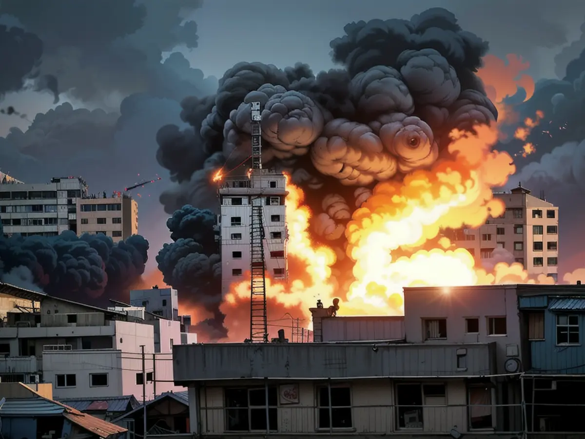 Menschen, die auf einem Dach stehen, beobachten Feuer und Rauch, die nach einem israelischen Angriff auf ein Gebäude in Gaza-Stadt am 7. Oktober aufsteigen.