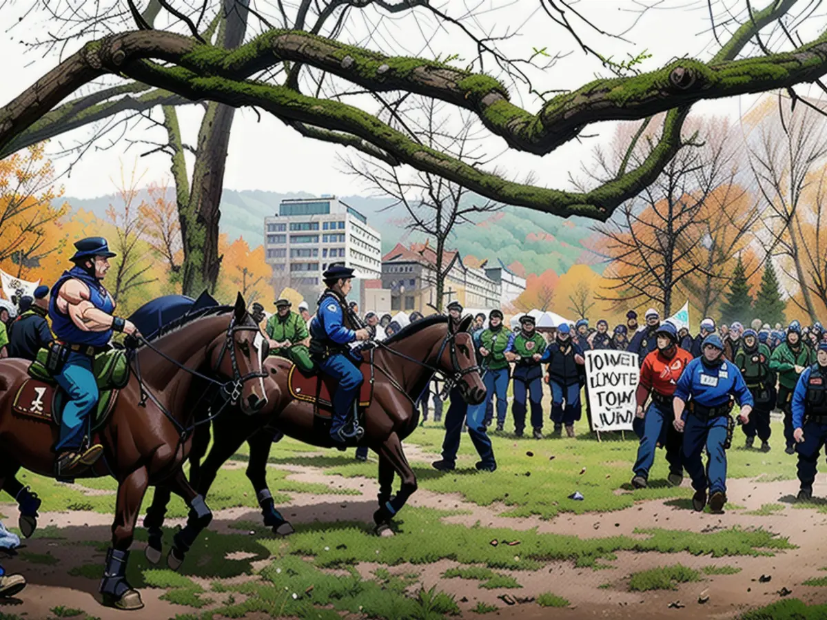 Mounted police officers walk past as pro-Palestinian activists at an encampment set up on McGill University's campus in Montreal, on May 2, 2024.