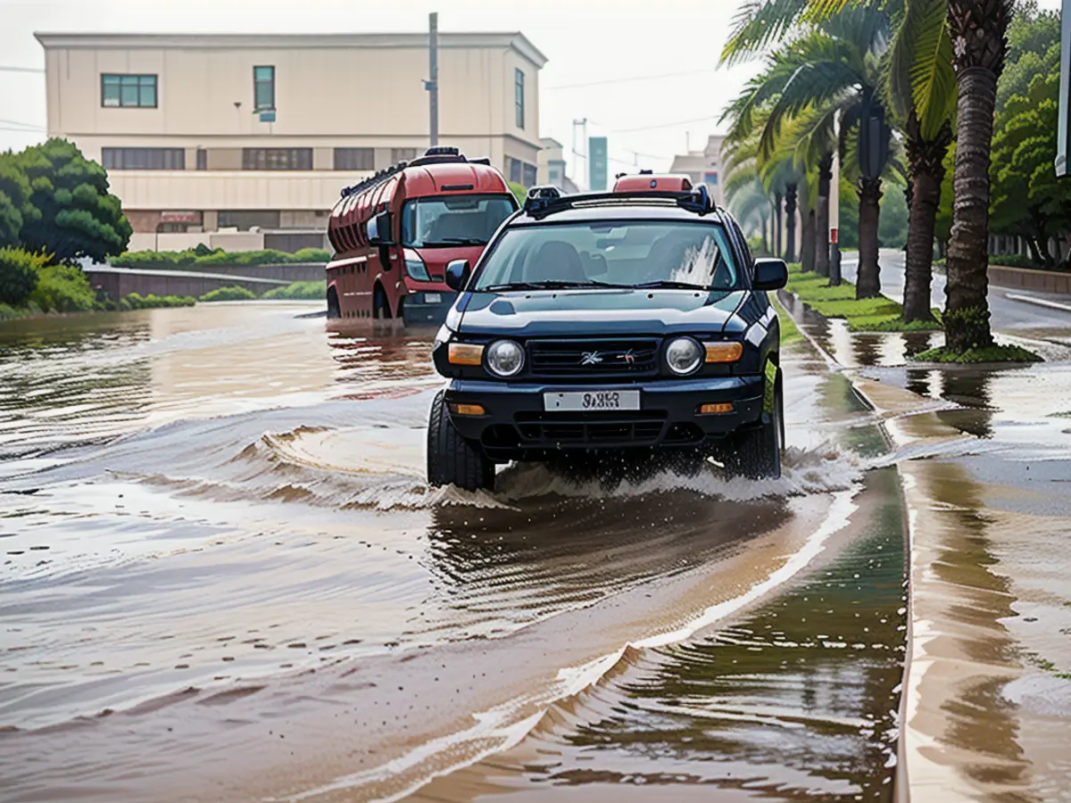 Ein Auto fährt durch eine überflutete Straße nach einem Regenschauer in Dubai am 2. Mai 2024.