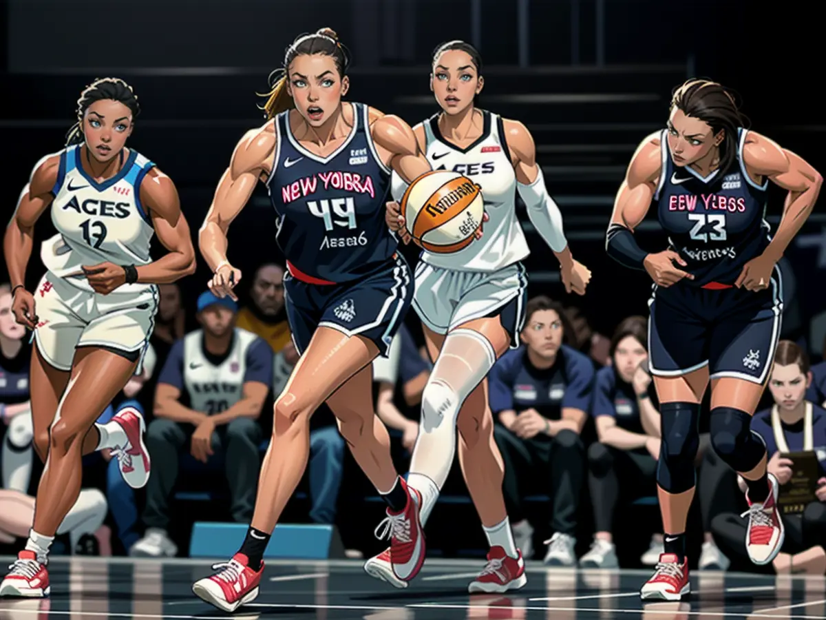 Betnijah Laney of the New York Liberty brings the ball up court against the Las Vegas Aces during game four of the 2023 WNBA Finals on October 18, 2023, in New York City.