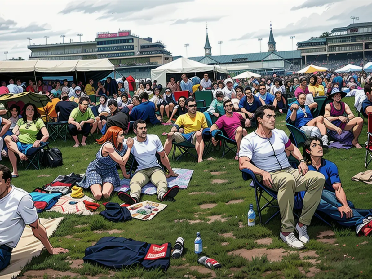 Die Fans verfolgen das Rennen am Tag des 149. Derbys am 6. Mai 2023 auf einem Bildschirm auf dem Platz. Das letztjährige Derby wurde von rund 150.000 Zuschauern besucht.