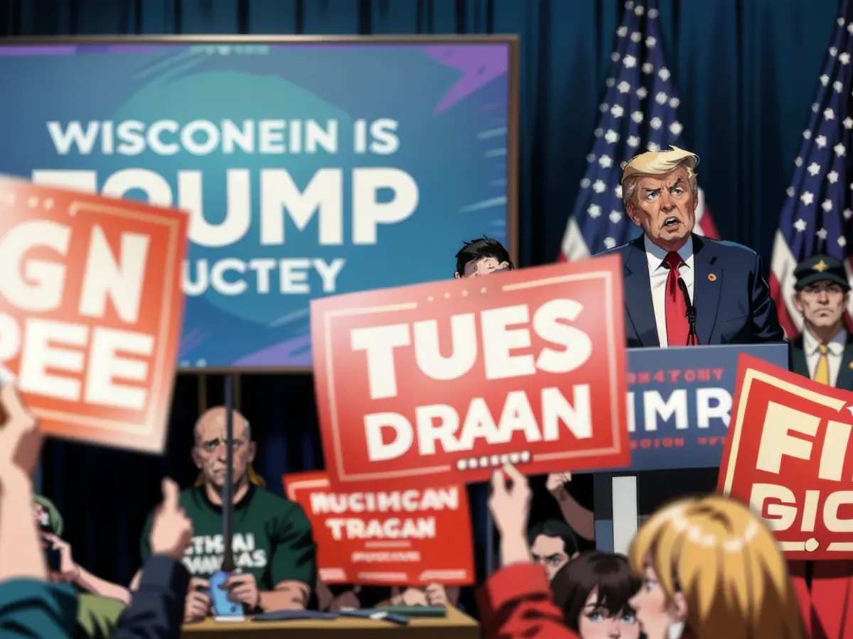 Der ehemalige Präsident Donald Trump spricht während einer Wahlkampfveranstaltung in Green Bay, Wisconsin, am Dienstag, 2. April 2024.