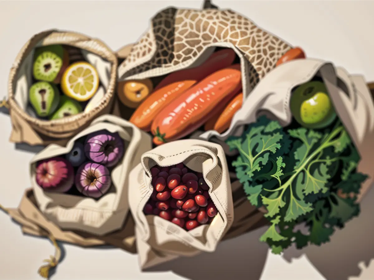 Variety Fresh von Bio-Obst und Gemüse und gesunde vegane Mahlzeit Zutaten in wiederverwendbaren Öko-Baumwolltaschen auf beige Hintergrund. Zero Waste Shopping Konzept. Gesundes Essen, sauberes Essen, umweltfreundlich, kein Plastik. Flachlage, Draufsicht