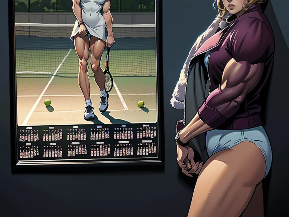 Fiona Walker in front of the picture showing her as an 18-year-old without panties on the tennis court. The