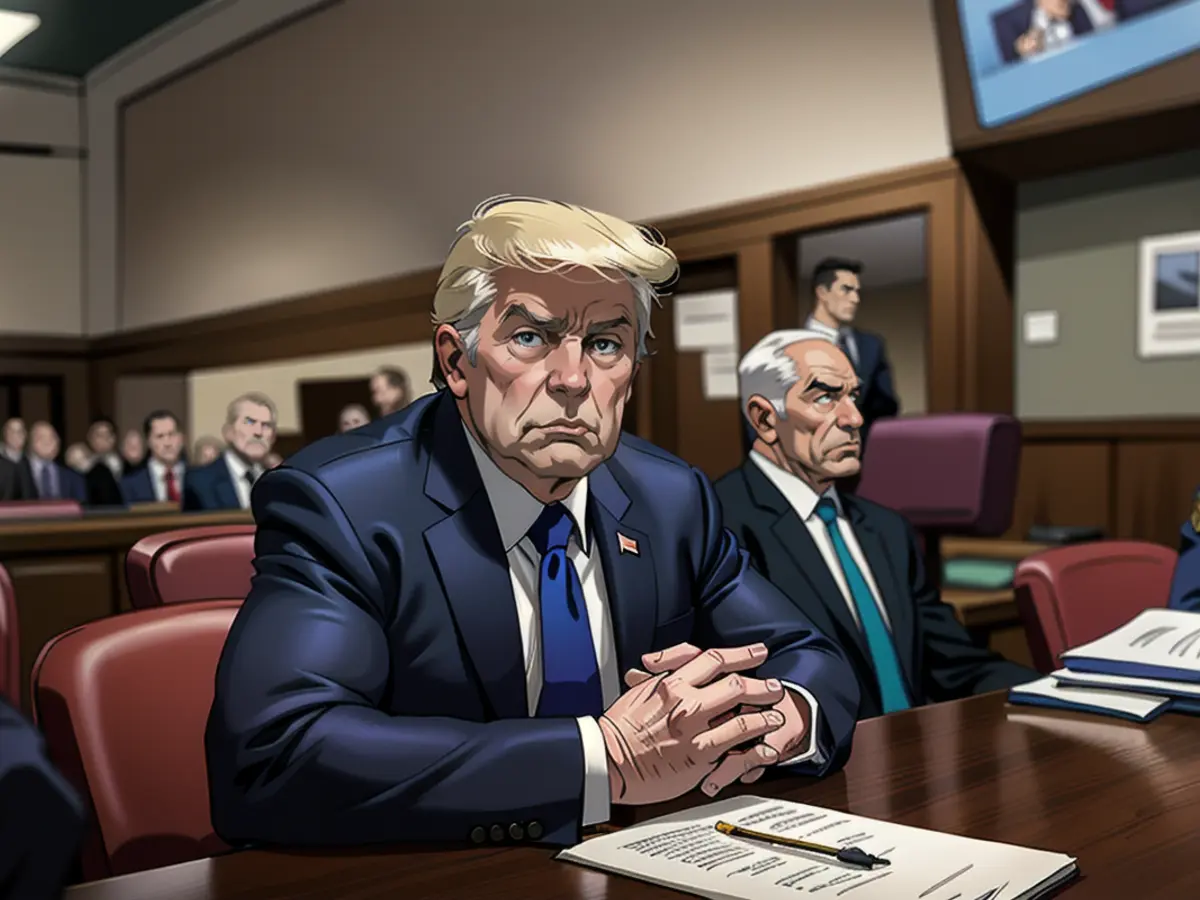 Former President Donald Trump looks on at Manhattan Criminal Court during his trial for allegedly covering up hush money payments linked to extramarital affairs in New York on April 22, 2024.