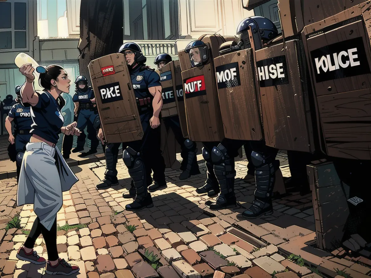 A woman stares down a wall of riot police in Tbilisi, April 30, 2024.
