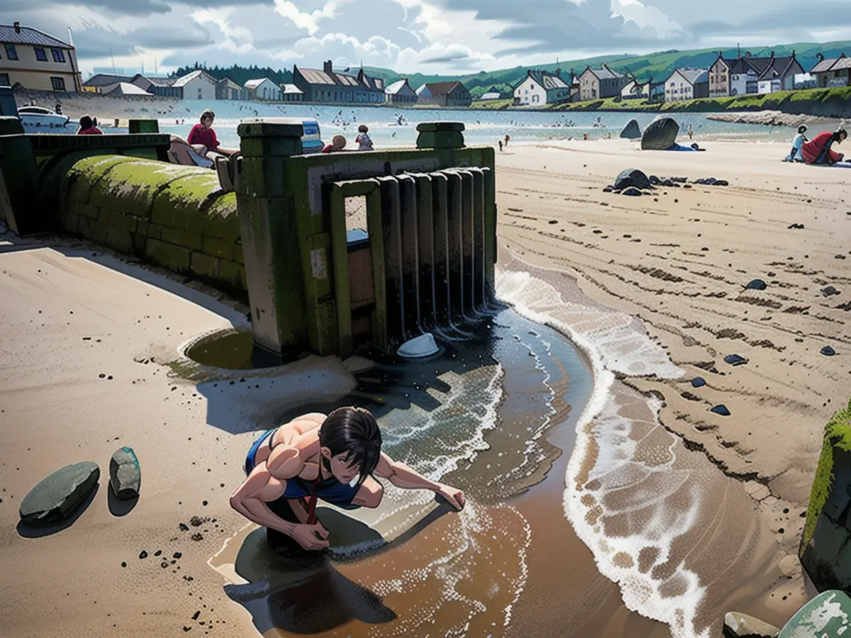 Überschwemmungen sind an den Stränden des Vereinigten Königreichs ein alltäglicher Anblick. Hier spielt ein Kind am Strand von Borth, Wales, mit den Abwässern eines Überlaufs.
