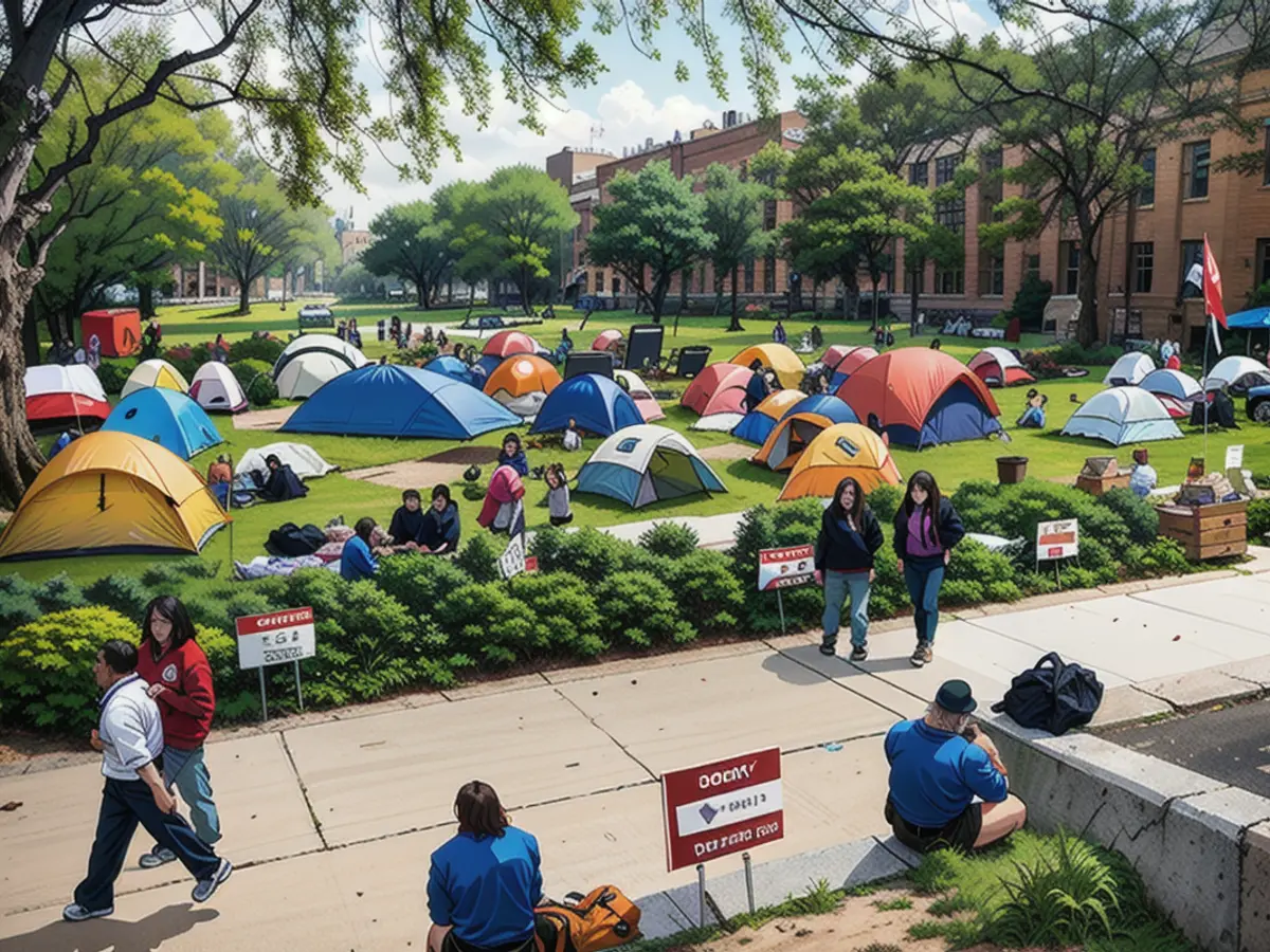 Dozens of tents and people are photographed on day two of an encampment in support of Palestinians at the University of Minnesota's campus in Minneapolis, Minn., on Tuesday, April 30, 2024.
