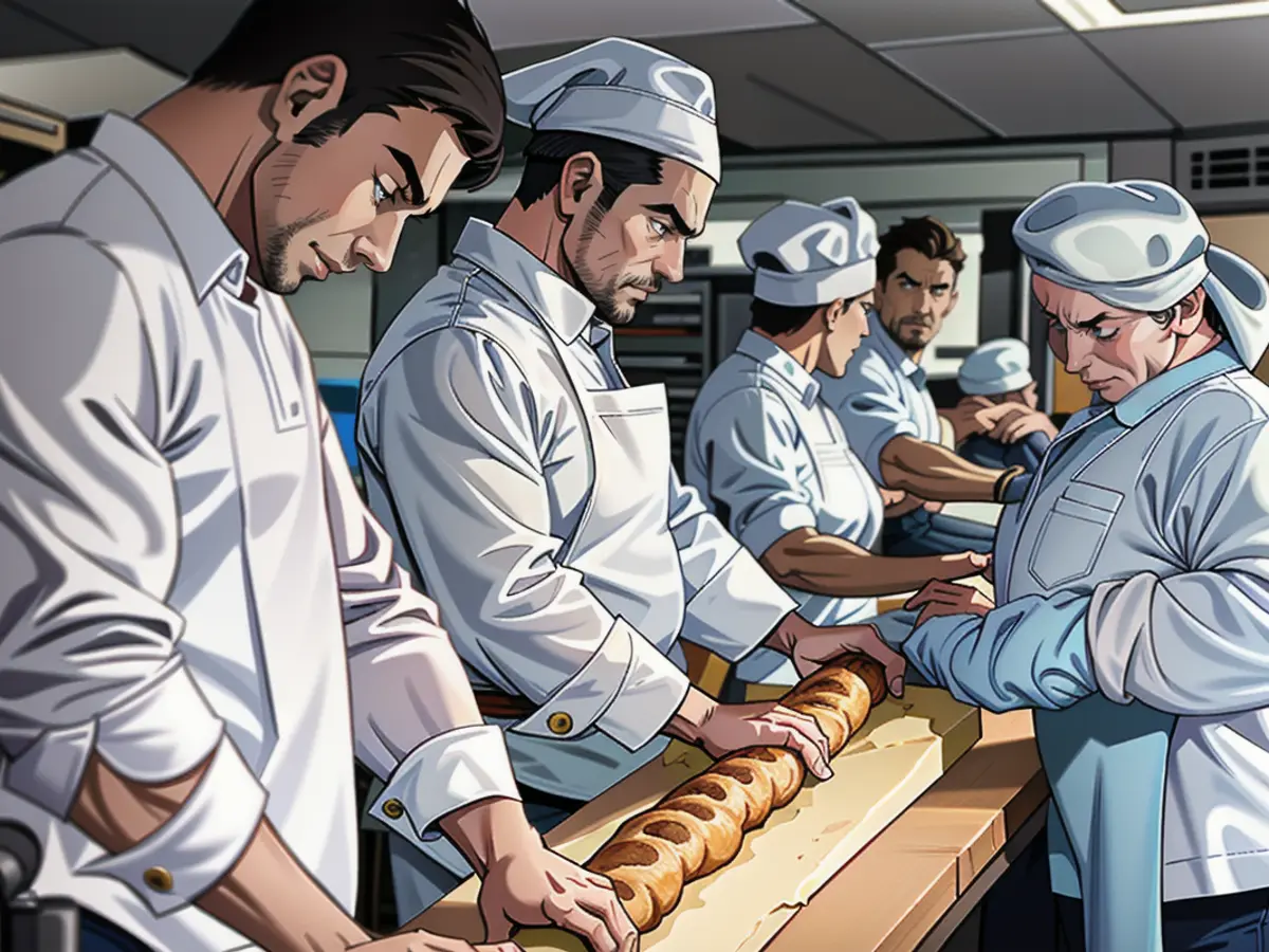 Französische Bäcker versuchen, das Baguette nicht zu zerbrechen, wenn es aus einem großen, sich drehenden Ofen kommt.