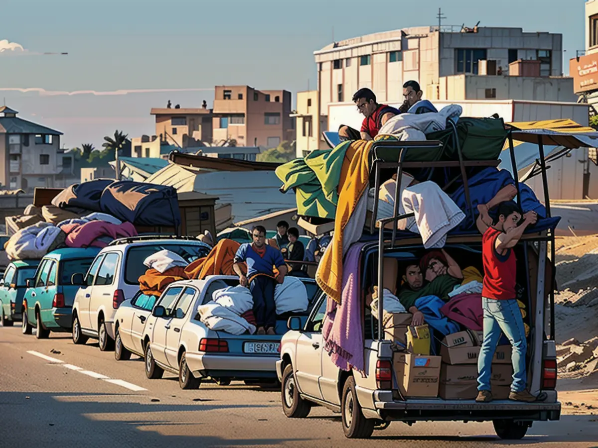 Vertriebene Palästinenser, die aus Rafah geflohen sind, nachdem das israelische Militär damit begonnen hat, Zivilisten aus den östlichen Teilen der Stadt im südlichen Gazastreifen vor einem drohenden Angriff zu evakuieren, fahren in einem Fahrzeug in Khan Younis im südlichen Gazastreifen, 6. Mai 2024.