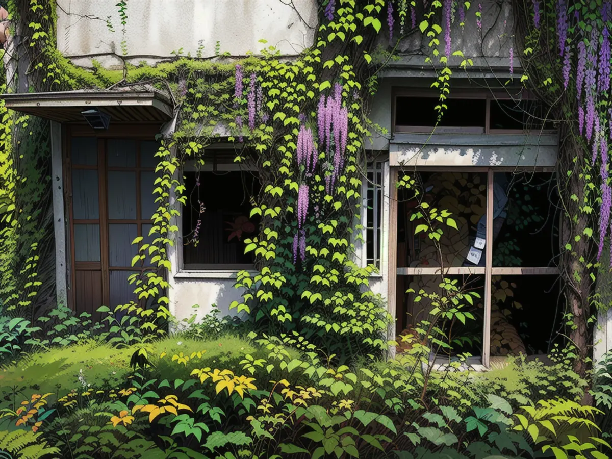 Überwucherte Vegetation umgibt ein leerstehendes Haus in der Gegend von Yato in der Stadt Yokosuka, Präfektur Kanagawa, Japan, am 21. August 2013.