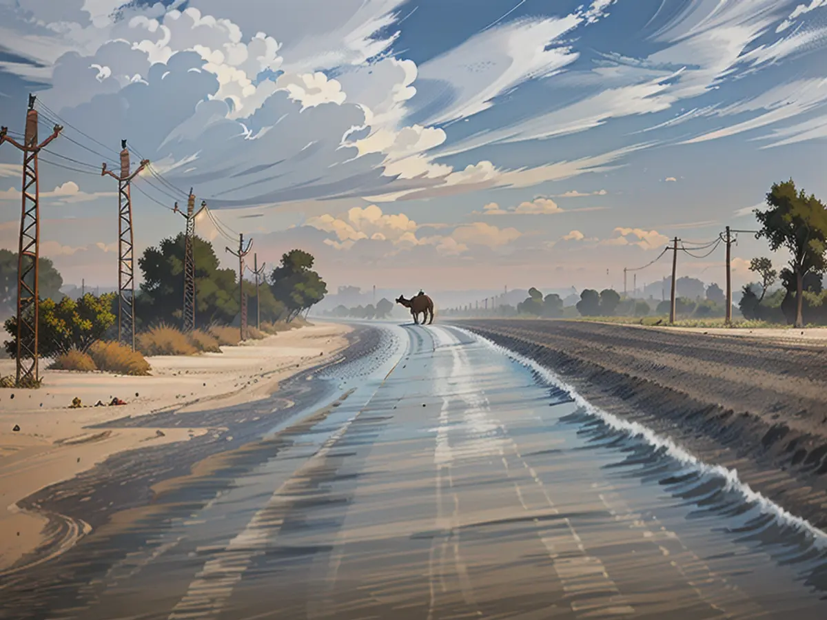 Ein Kamel überquert die Straße an einem heißen Tag in Barmer, Rajasthan, Indien, 26. April 2024.