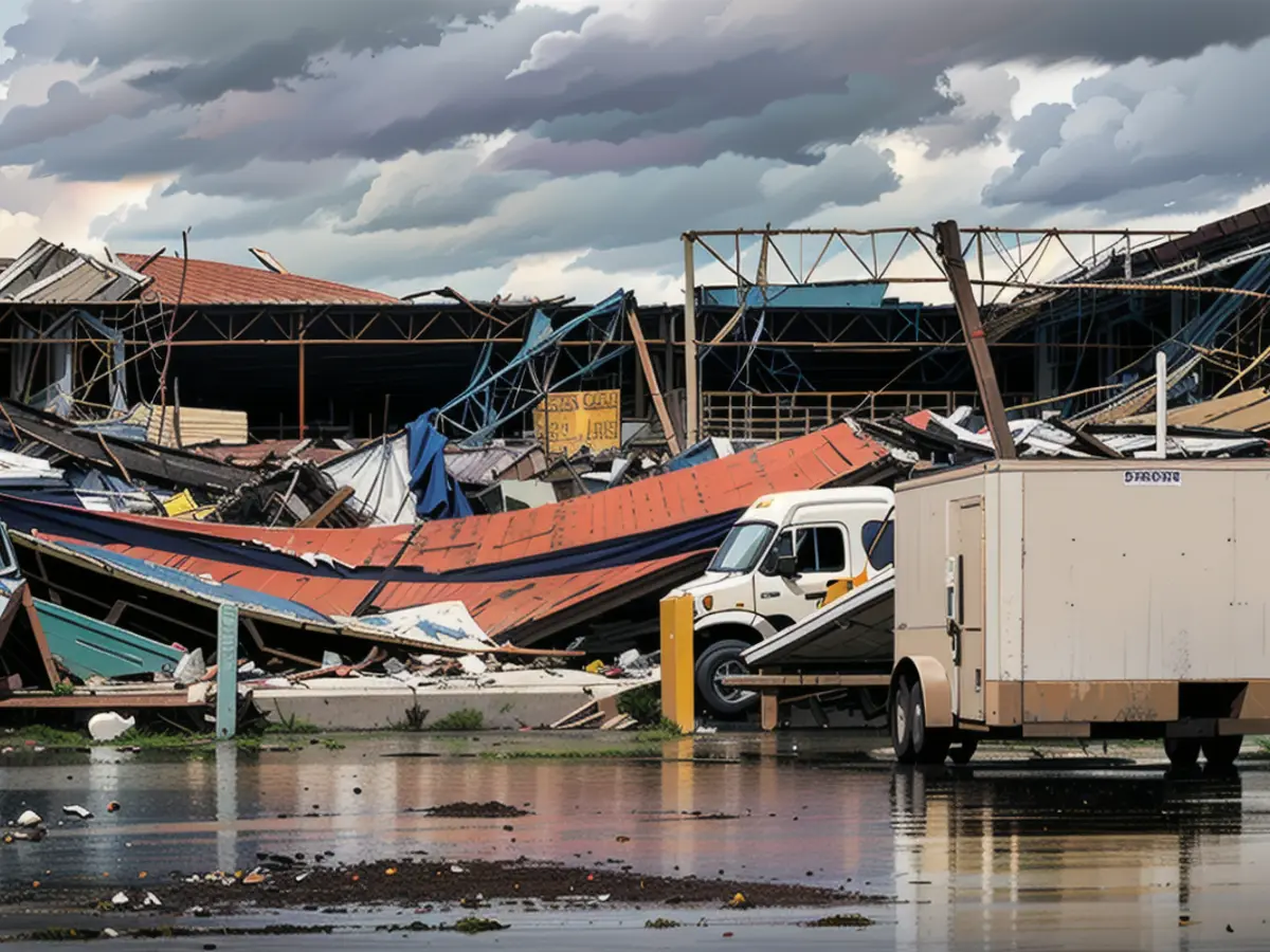 Debris is seen from a damaged FedEx facility after a tornado in Portage, Michigan, Tuesday, May 7.