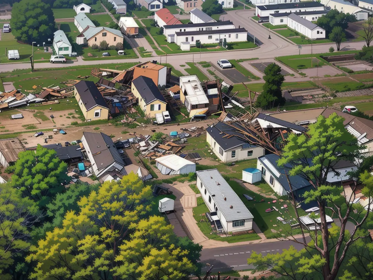 In a screengrab taken from a drone video, homes are left damaged after a tornado at Pavilion Estate Mobile Home Park in Kalamazoo County, Michigan on Tuesday, May 7.