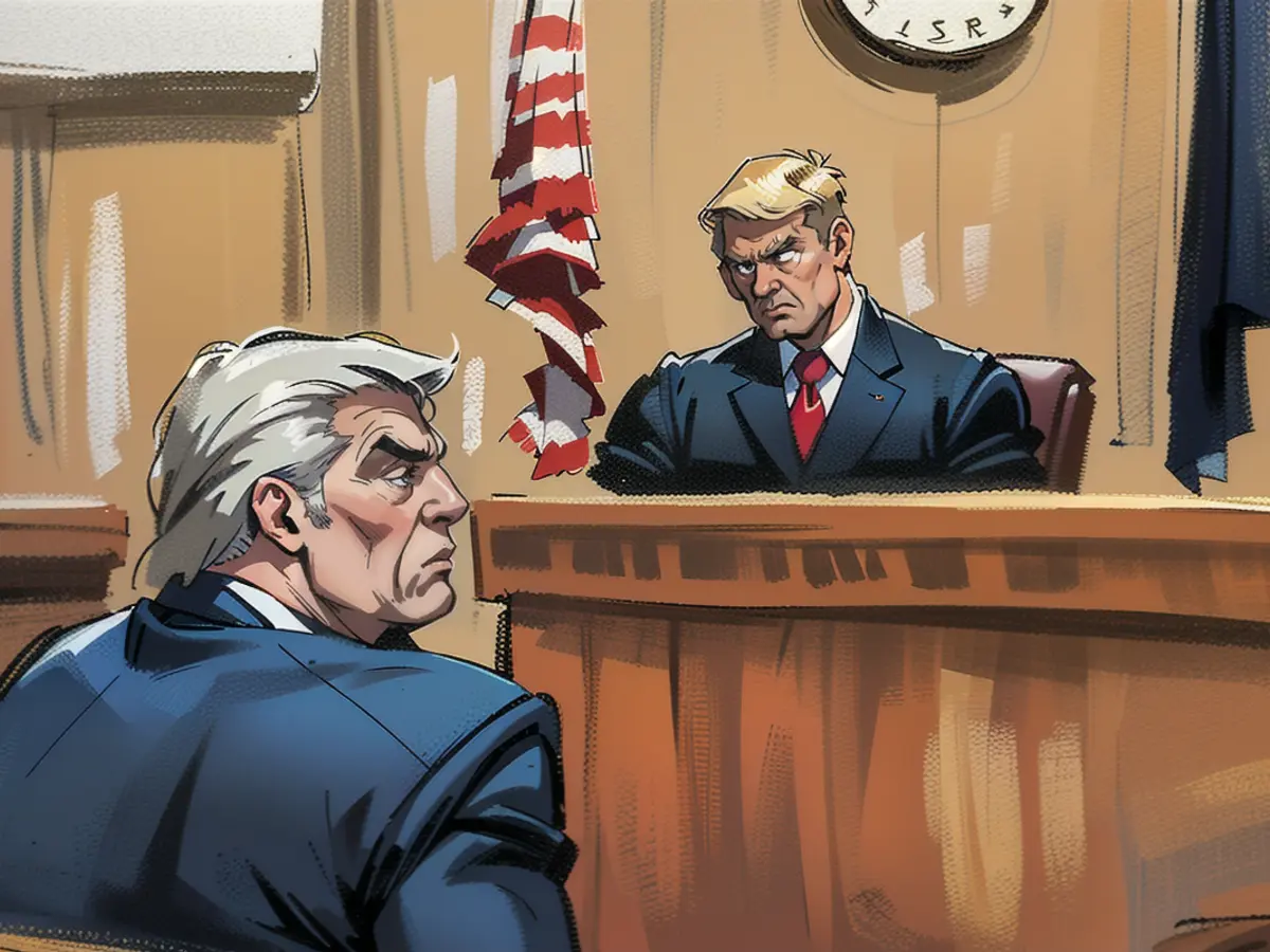 In a courtroom sketch, Judge Juan Merchan rules Monday that former President Donald Trump violated the gag order in the hush money trial for comments about the makeup of the jury.