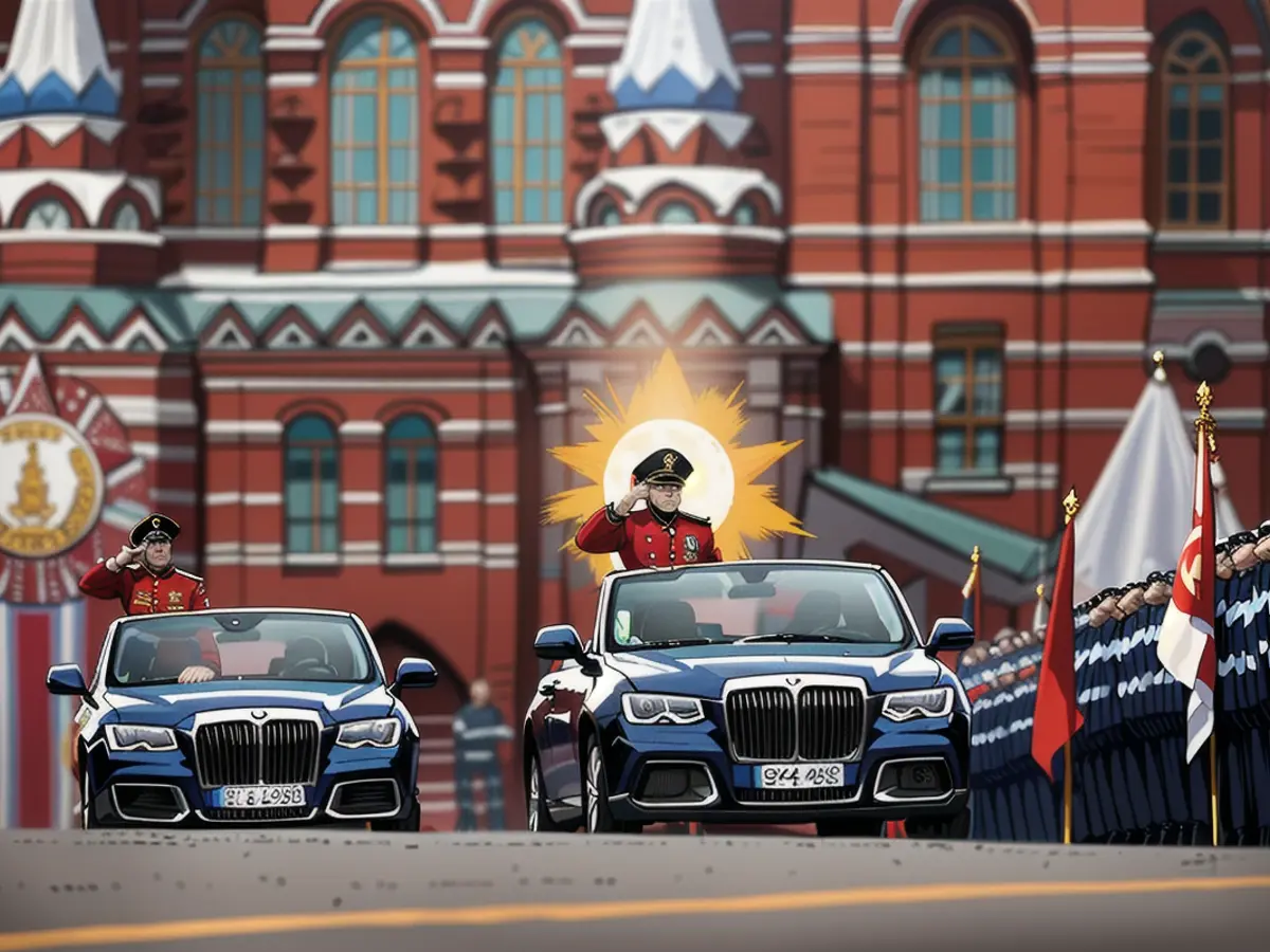 Der russische Verteidigungsminister Sergej Schoigu salutiert vor Soldaten, als er über den Roten Platz gefahren wird.