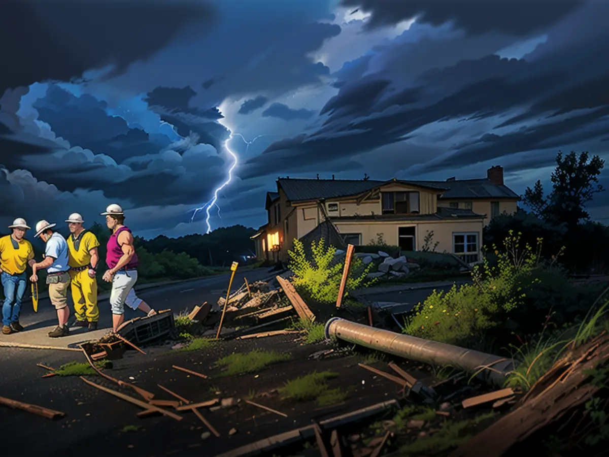 Arbeiter von Versorgungsunternehmen begutachten Sturmschäden entlang der Cothran Road in Columbia, Tennessee.