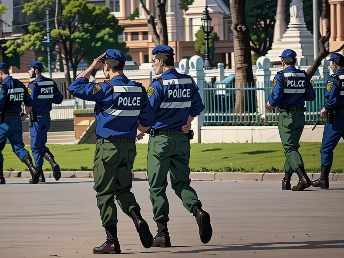 Des policiers cambodgiens bien armés en patrouille. Le pays a expulsé 25 ressortissants japonais...