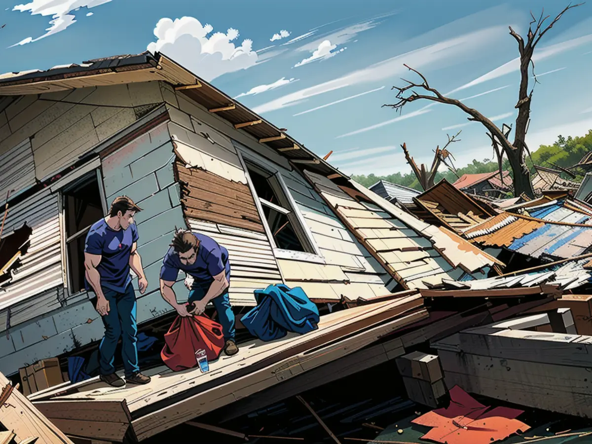 Die Familie Crowder sichtet und rettet verlorene Gegenstände, nachdem ihr Haus am 07. Mai 2024 in Barnsdall, Oklahoma, von einem Tornado getroffen worden war.