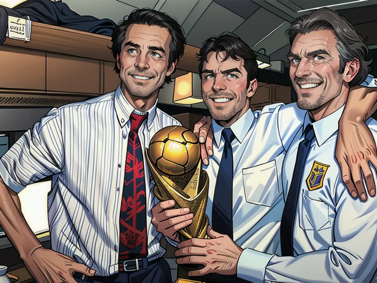 Bons amigos em 1990: O chefe de equipa da DFB, Beckenbauer, o capitão Matthäus e o goleador da final do Campeonato do Mundo, Brehme (a partir da esquerda)