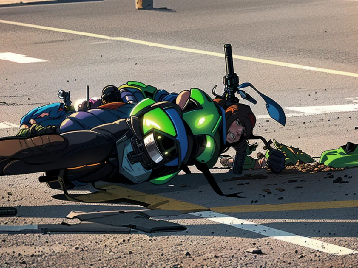 The green motorcycle was completely destroyed by the impact