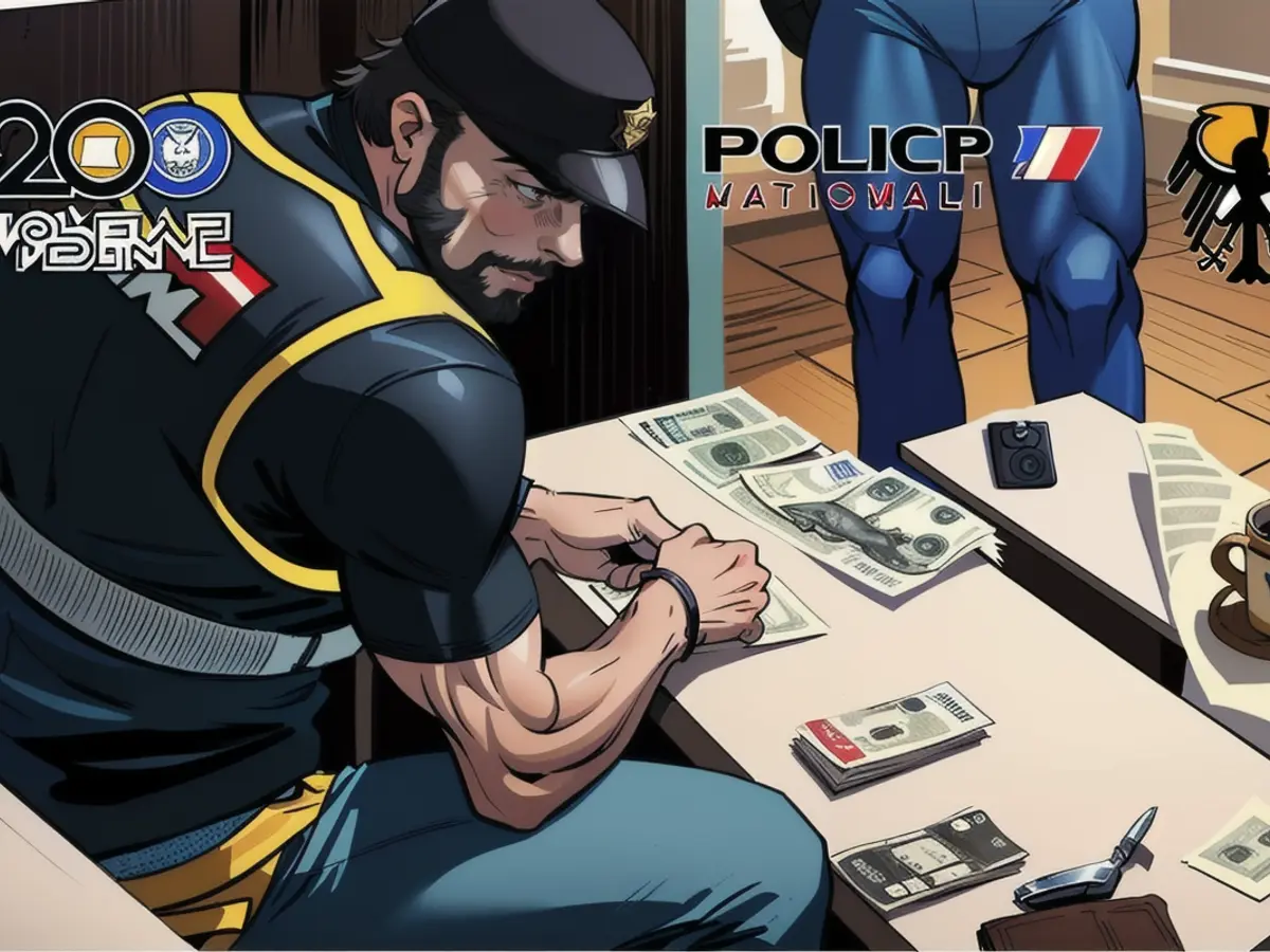 A masked police officer counts cash seized in Marbella. A total of 180,000 euros was confiscated during the raid