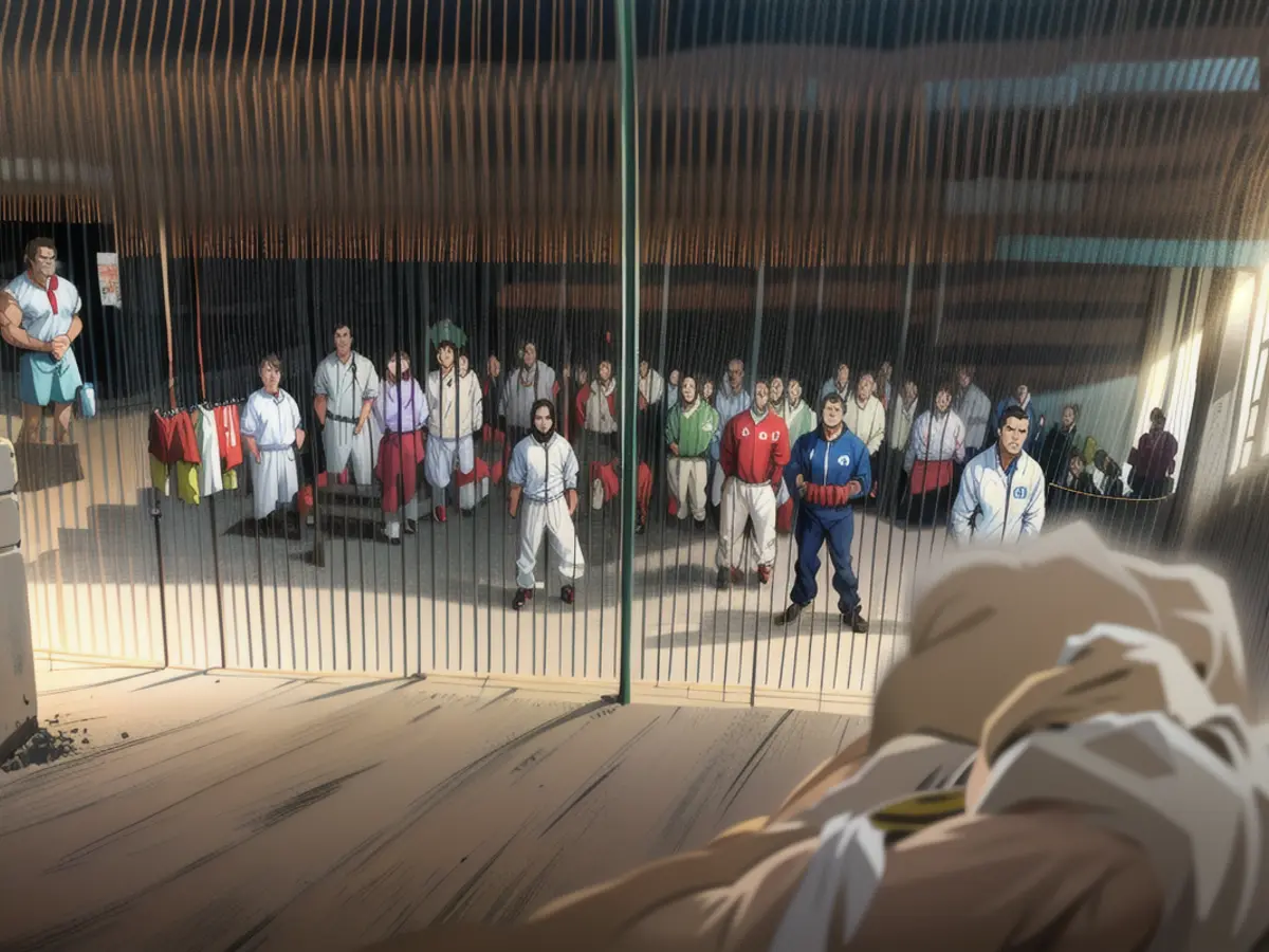 Ein durchgesickertes Foto eines Gefängnisses, auf dem Häftlinge in grauen Trainingsanzügen mit verbundenen Augen auf hauchdünnen Matratzen sitzen. CNN konnte den Hangar in der Sde Teiman-Einrichtung geografisch lokalisieren. Ein Teil dieses