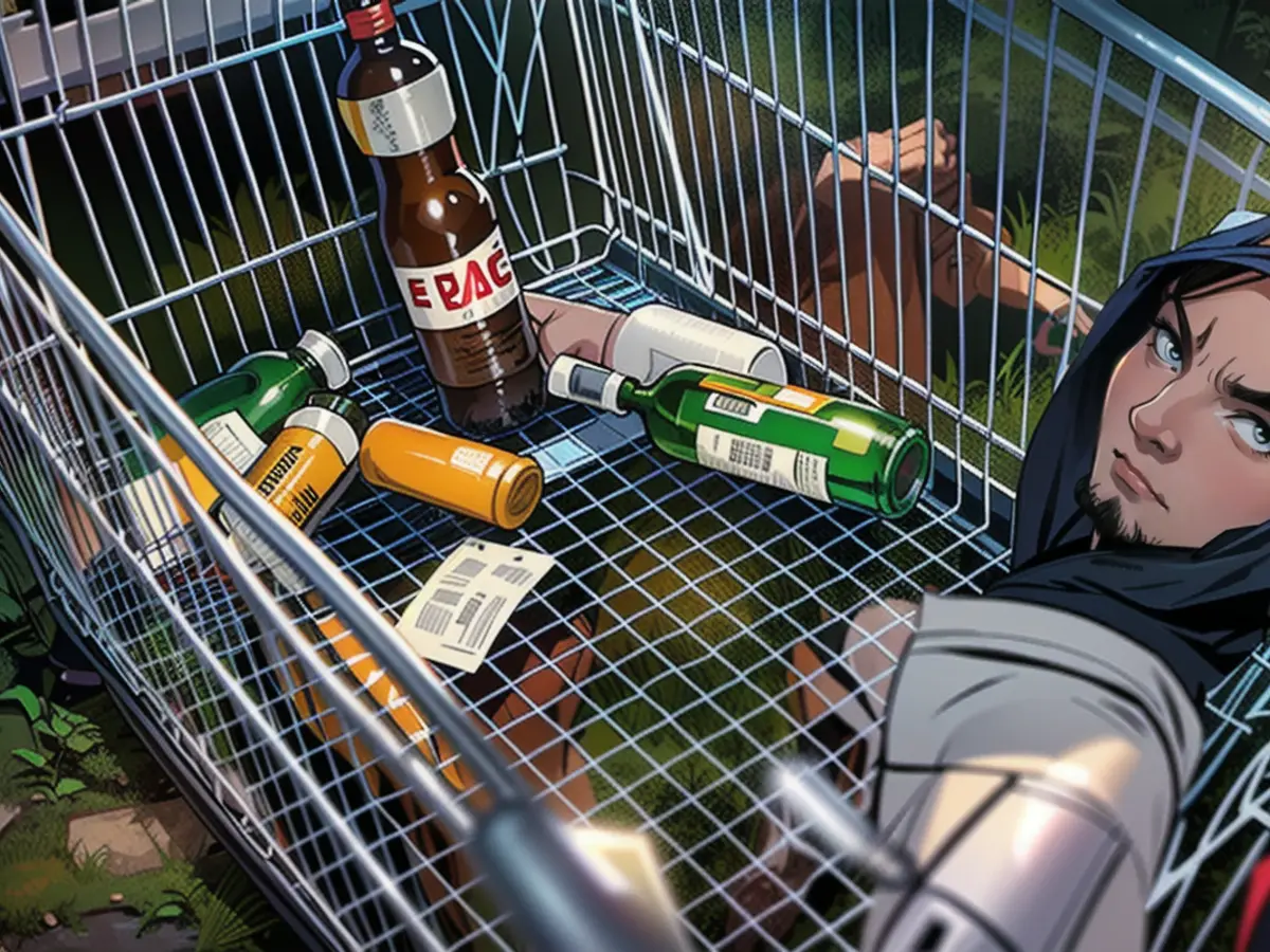 There are numerous bottles in a shopping cart