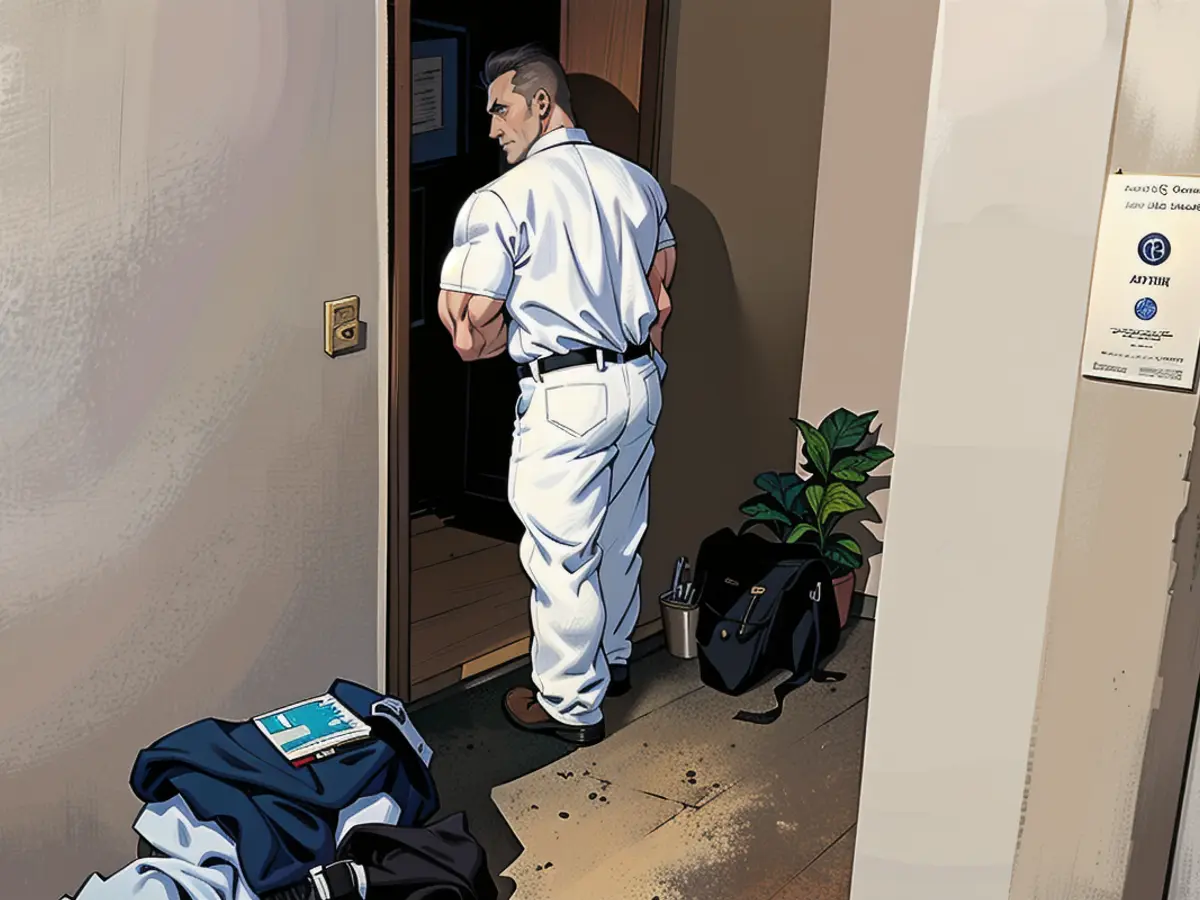 A CID officer secures evidence at the door of Helene F.'s apartment.