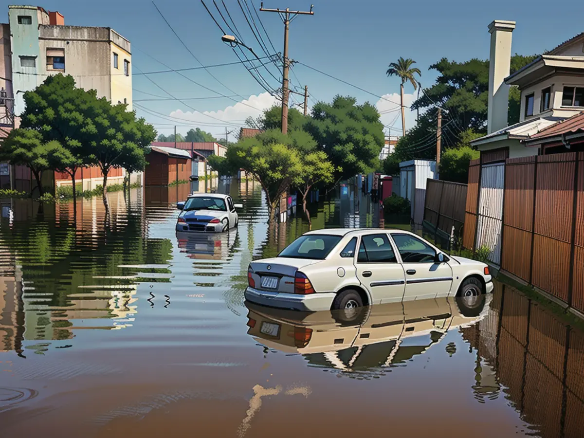 Autos stehen nach heftigen Regenfällen in Canoas im Bundesstaat Rio Grande do Sul am 9. Mai 2024 auf den überfluteten Straßen.