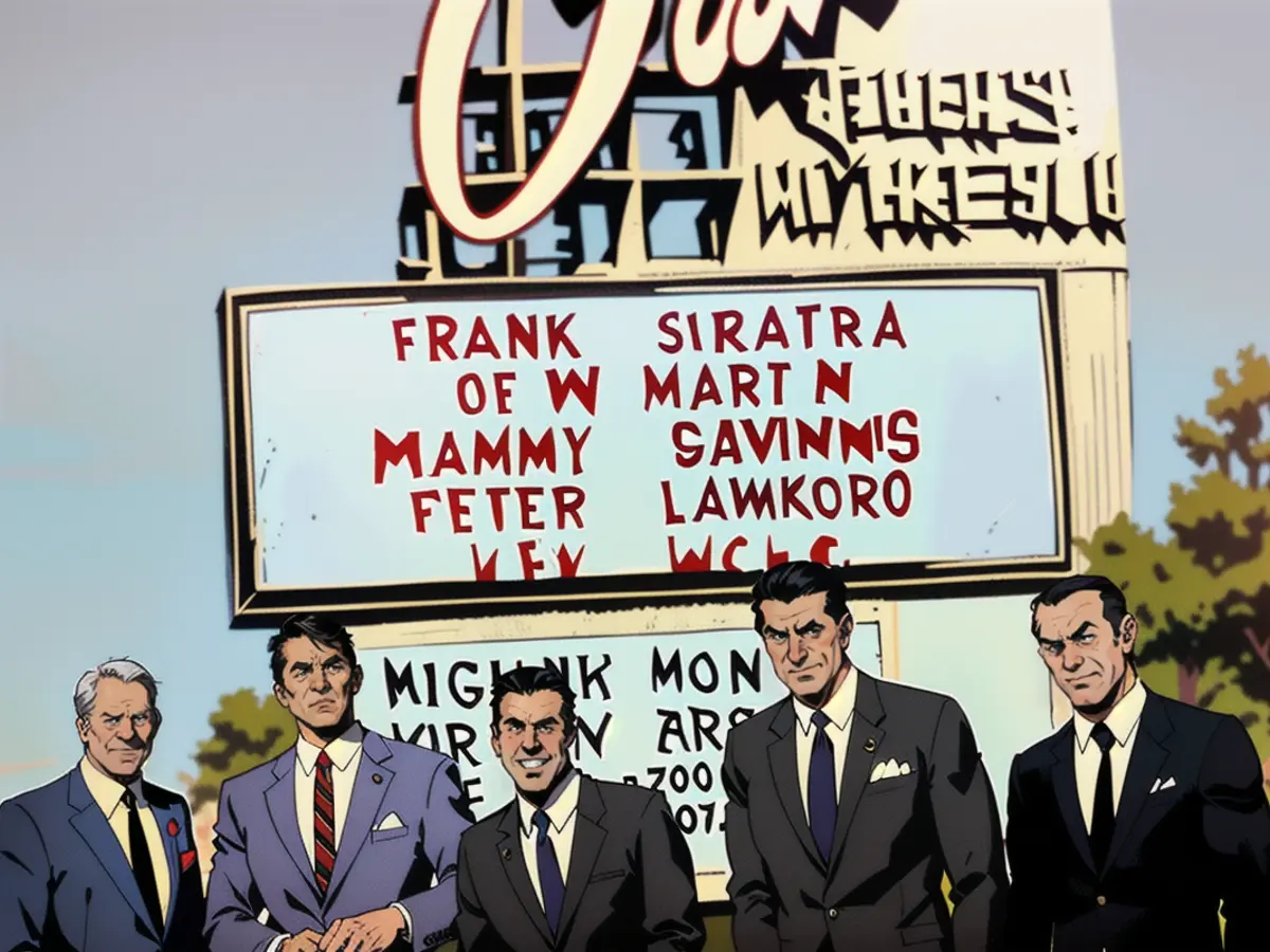 Frank Sinatra, Dean Martin, Sammy Davis Jr., Peter Lawford, and Joey Bishop celebrate the Rat Pack’s Sands marquee in 1960.
