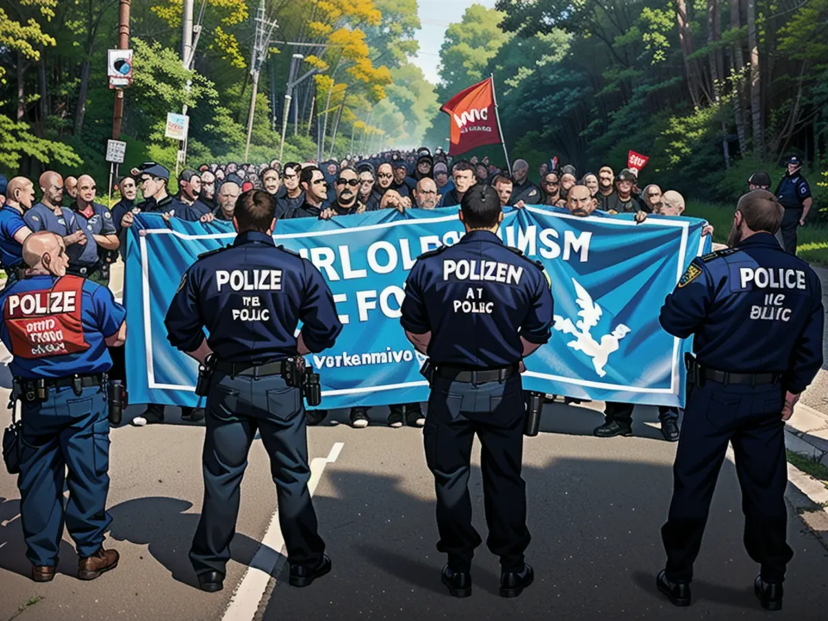 Polizisten stehen am 10. Mai 2024 vor Aktivisten, die gegen die Erweiterung der Tesla-Fabrik in der Nähe von Berlin, Deutschland, protestieren.