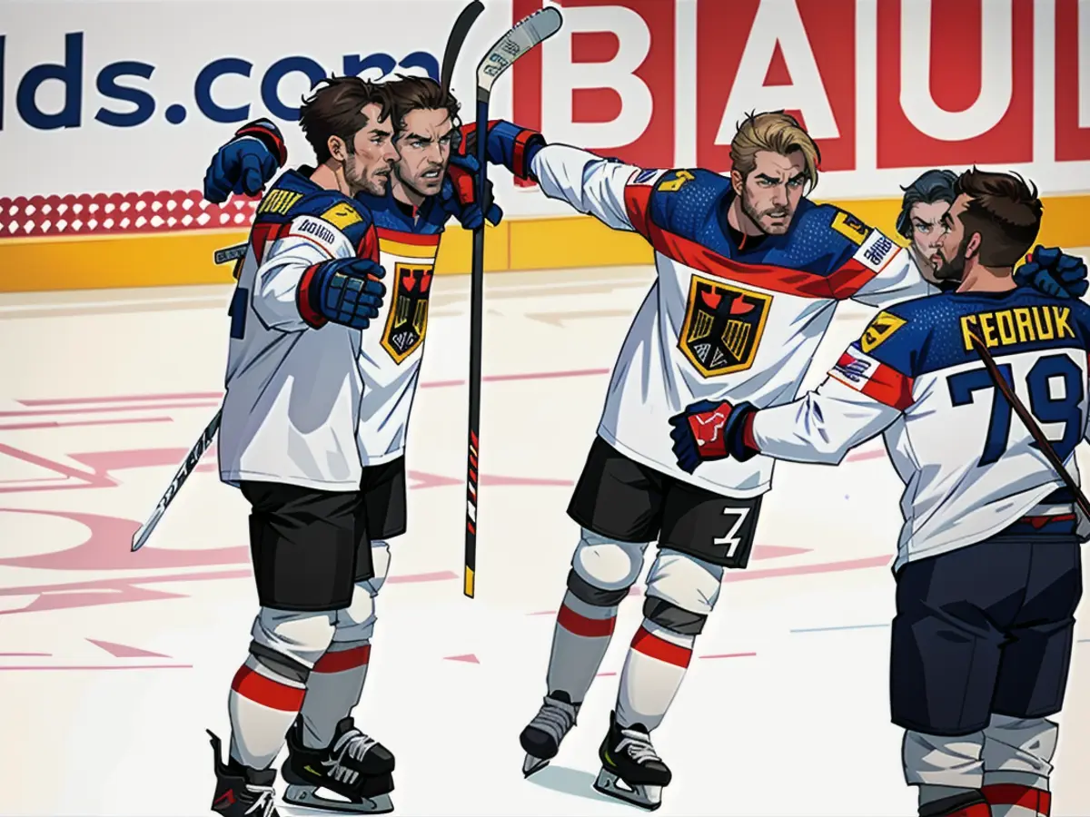 Les joueurs de hockey sur glace allemands célèbrent l'intérim 2:0 contre la Slovaquie