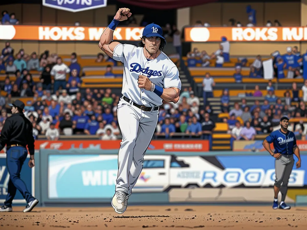 Miguel Rojas, shortstop des Dodgers de Los Angeles, célèbre son coup de circuit contre les Brewers...