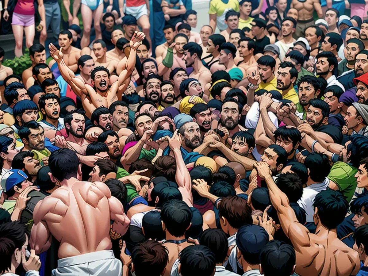 Männer ziehen sich nackt aus - bis auf ein zartes Stück weißen Lendenschurzes, der den Schritt bedeckt - um am 22. Februar 2024 am Nacktfest im Konomiya-Schrein teilzunehmen.