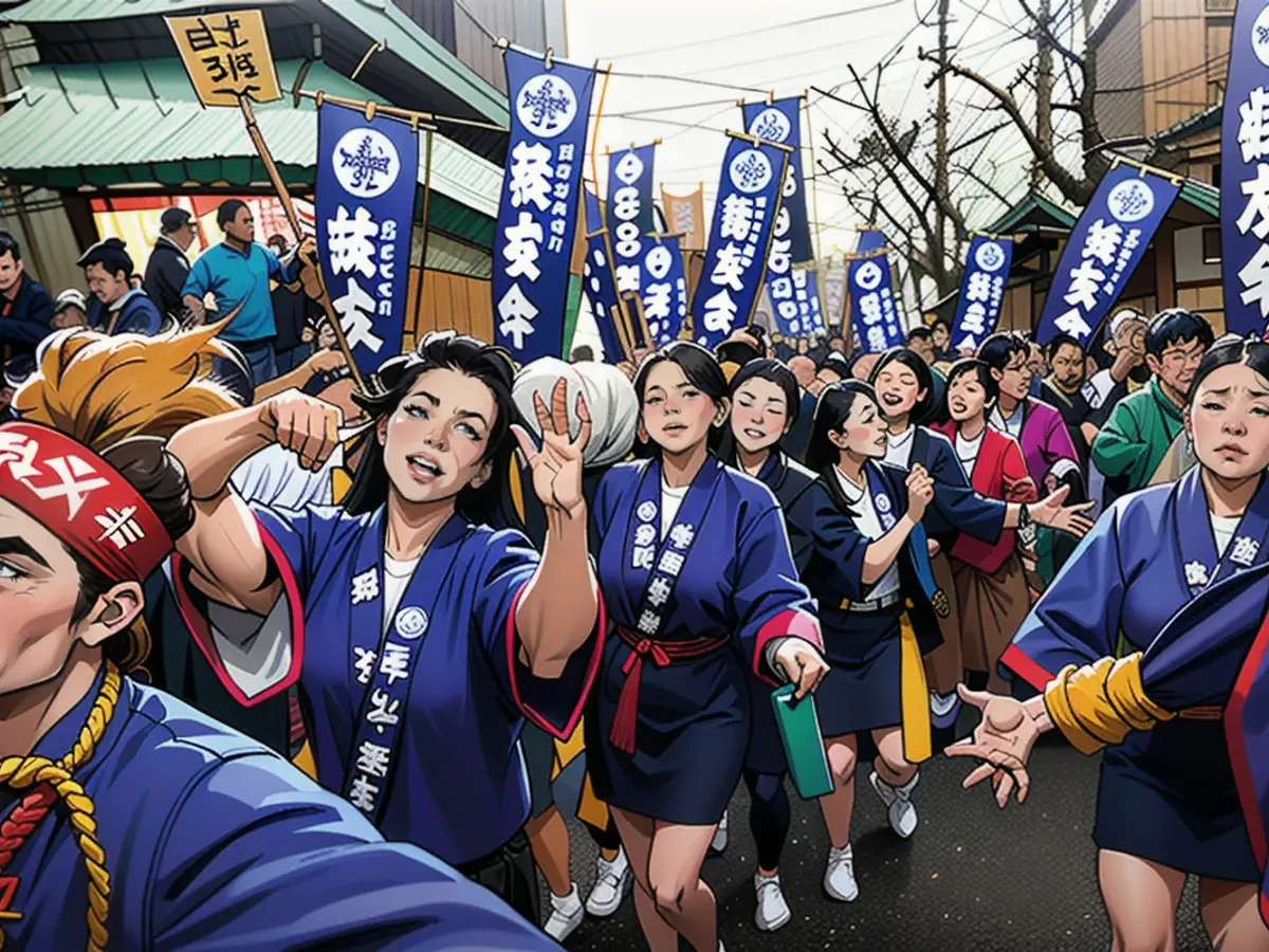 Frauen - in happi, einem traditionellen Festmantel - tragen eine Bambusopfergabe während des Nacktfestes am Konomiya-Schrein am 22. Februar 2024.