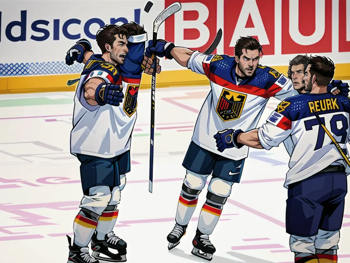 Les joueurs de hockey sur glace allemands célèbrent l'intérim 2:0 contre la Slovaquie