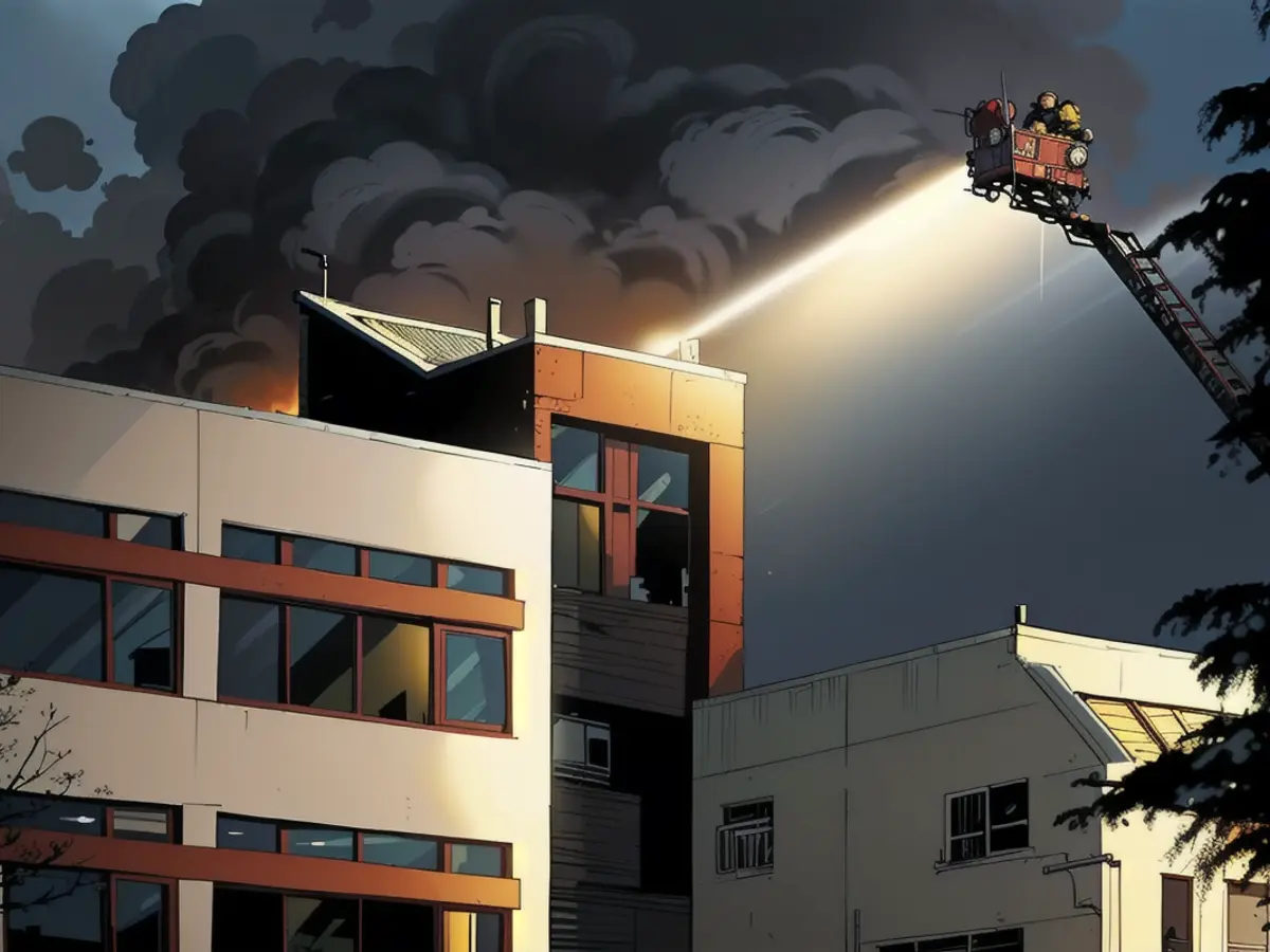 The fire department used turntable ladders to fight the roof fire