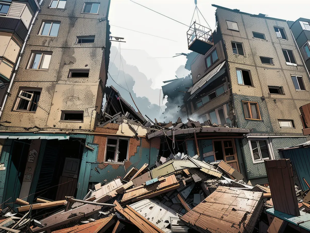 Ein Wohnhaus in Sumy, Ostukraine, das durch einen russischen Drohnenangriff schwer beschädigt wurde.