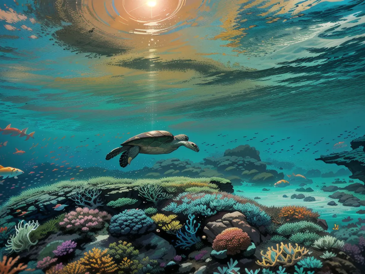 Eine Schildkröte schwimmt im Februar über gebleichte Korallen in der Lagune von Lady Elliot Island am südlichen Great Barrier Reef vor Australien.