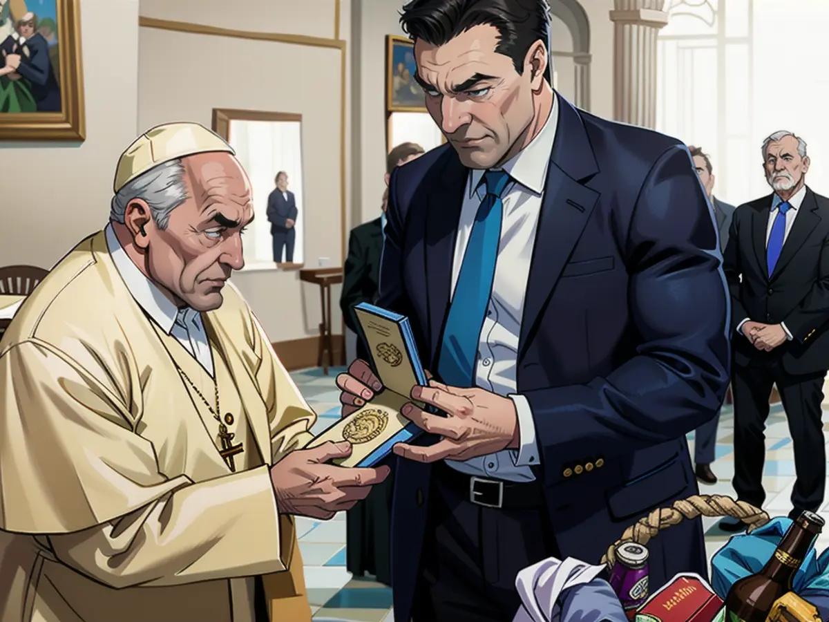 Söder presented Francis with an amulet embossed after an image of the Madonna from a church in Augsburg. Next to him is the gift basket with beer from Bavaria
