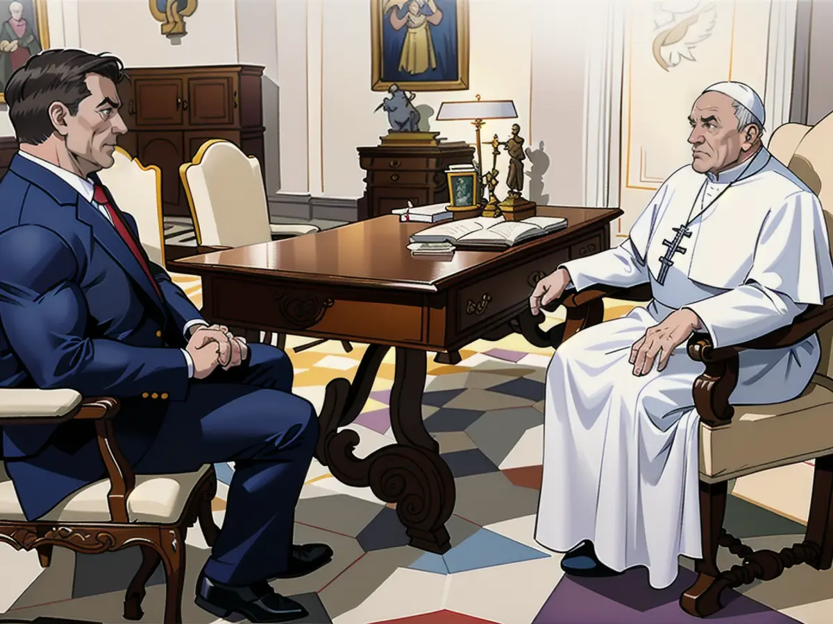 Bavaria's Minister President Markus Söder with Pope Francis in the library of the Apostolic Palace. The room is effectively the office of the head of the church