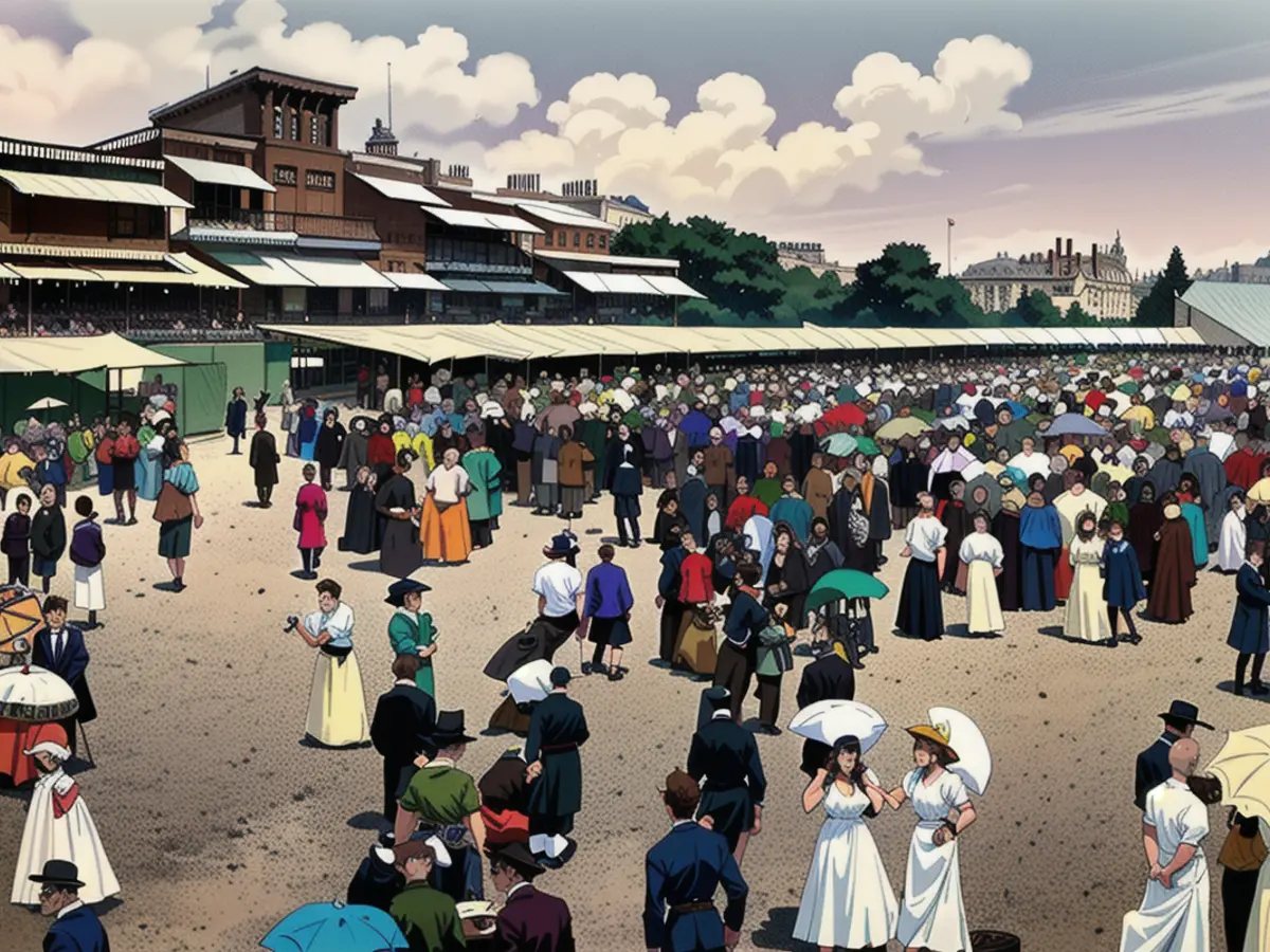 Zuschauer auf dem Lord's Cricket Ground während der Mittagspause im Jahr 1895 beim jährlichen Spiel Eton gegen Harrow.