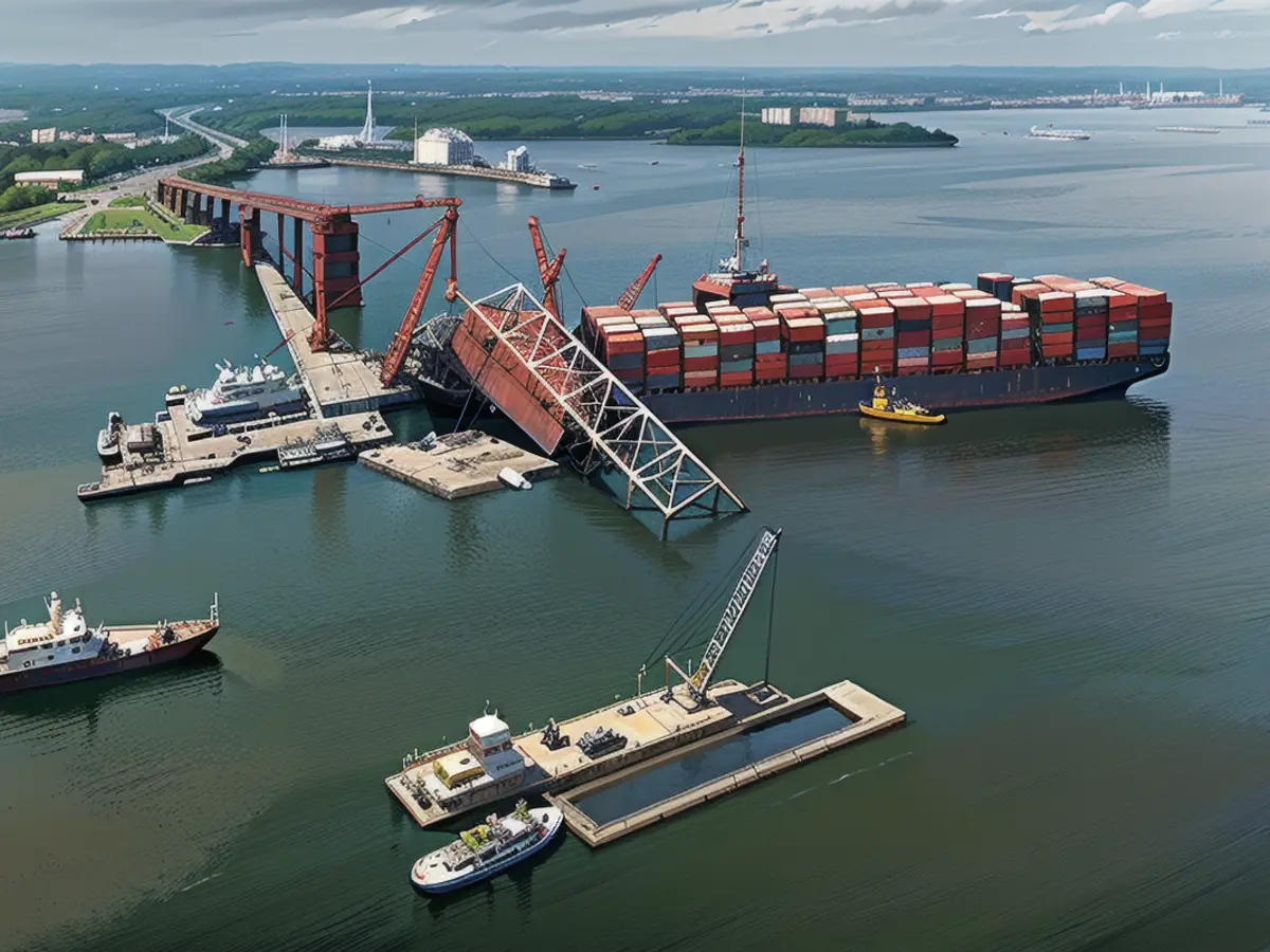 Bergungsmannschaften entfernen am 8. Mai, sechs Wochen nach der Kollision des Frachters mit der Francis Scott Key Bridge in Baltimore, Maryland, Wrackteile von der Dali.