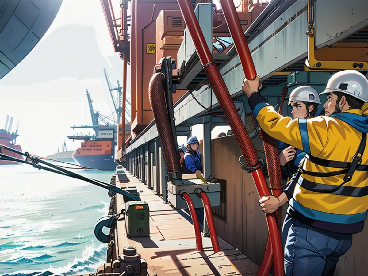 Trois dockers sur les câbles épais qui alimentent le premier cargo en électricité depuis la terre...