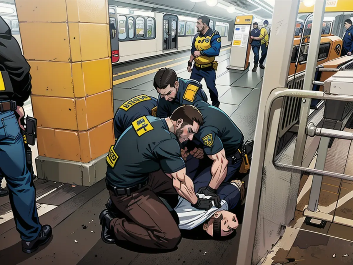 Des policiers doivent maîtriser un homme après un acte de violence à la station de métro...