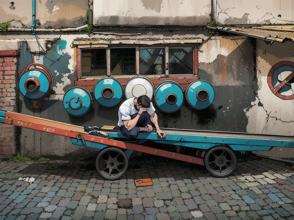 A worker watches his mobile phone while taking a break in Mumbai on April 17, 2024.