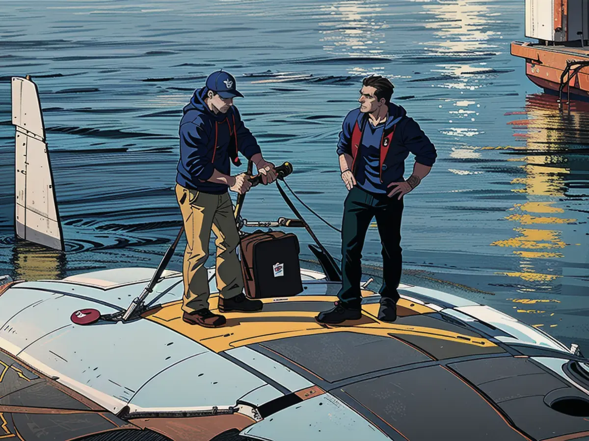 Defense Advanced Research Projects Agency program manager Kyle Woerner (right) talks with a member of the Northrop Grumman team while standing atop the Manta Ray vehicle.