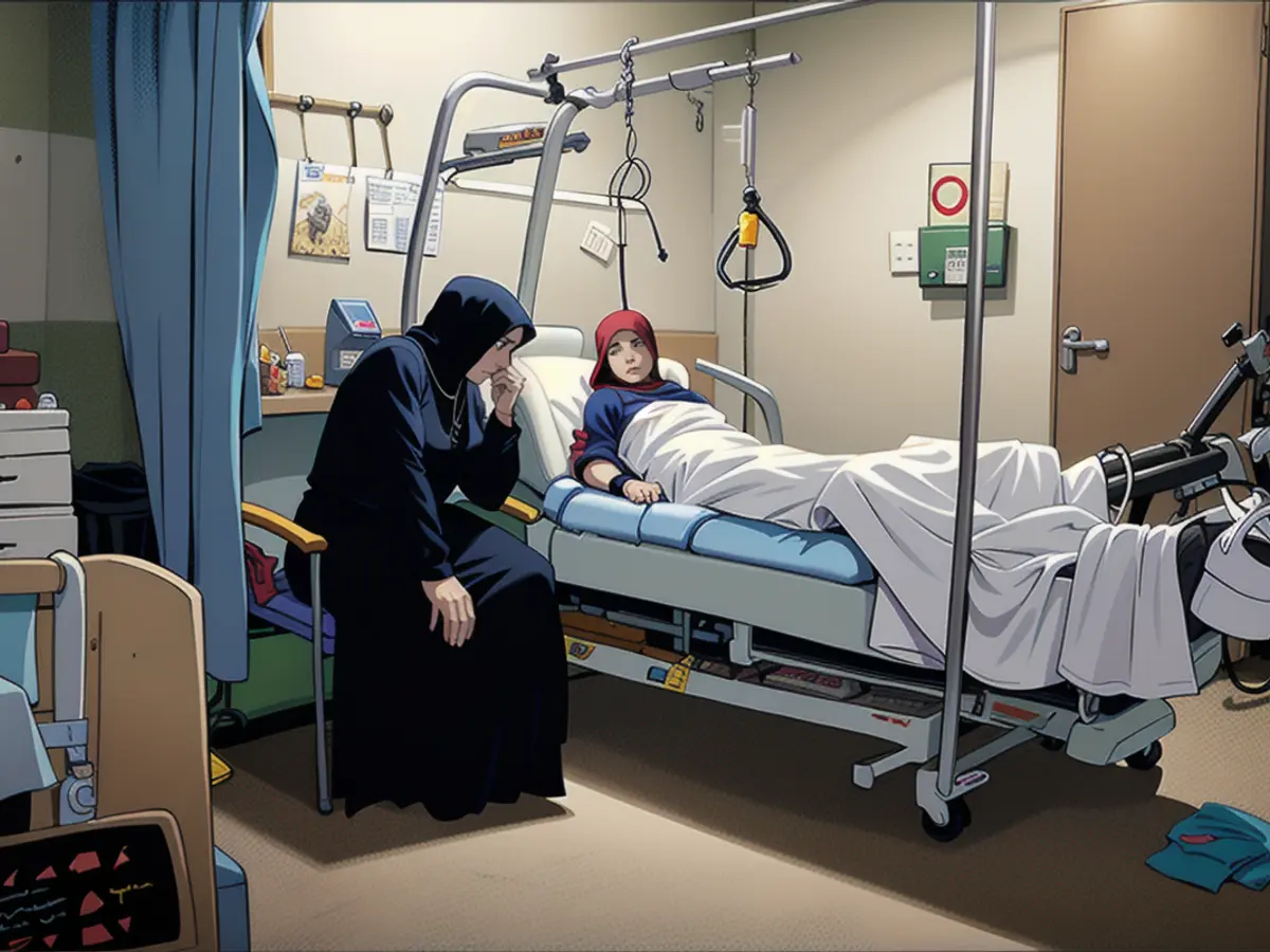 Sabha Al-Soury comforts her daughter Ola at the hospital in Doha. In addition to having lost members of their family, they worry about the fate of those still left behind.